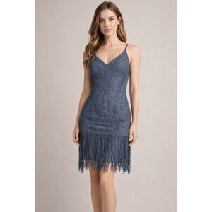 Two Sisters Blue Lace Fringe V Neck, Flapper Sexy, Whimsy, Vamp, Mini Dress Sz S